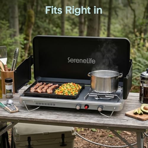 Camping Stove 2 in 1 Griddle Combo Portable Propane Camp Stove with Griddle Plate 10000 BTU Stove 5000 BTU Griddle Compact Outdoor Cooking for Camping Tailgating RV Backyard - Image 2