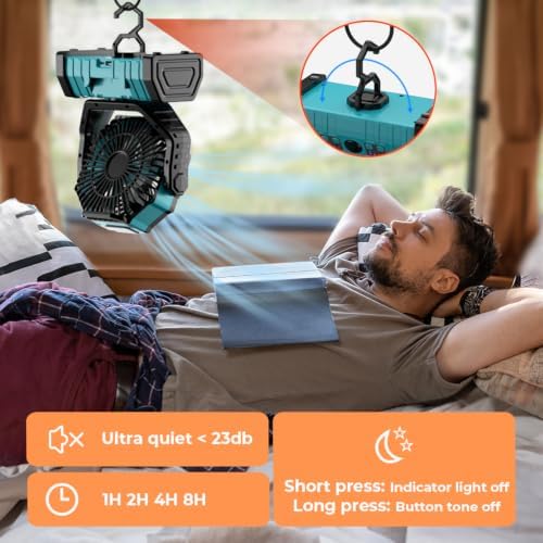 Camping Fan - 20000mAh Battery Powered Fan Rechargeable with LED Lantern - Portable Outdoor Tent Fans with Hanging Hook 4 Speeds Wind Remote Control, Blue - Image 3
