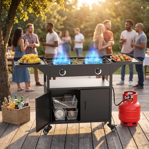 2 Burner Propane Camping Stove Outdoor|150000 BTU|Side Shelf with Cabinet - Image 2