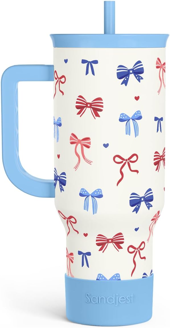 SANDJEST American Flag 40oz Tumbler with Handle and Straw, Insulated Stainless Steel Travel Coffee Mug for Women Girls, Gift Idea for Birthday Christmas 4th of July (Bow) by SANDJEST