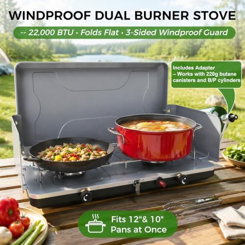 Dual Burner Propane Camping Stove, Portable Outdoor Stove with 22,000 BTU - Image 3