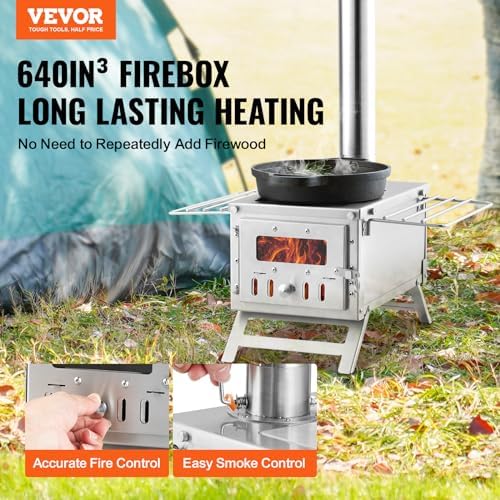 VEVOR Camping Wood Stove Stainless Steel Camping Tent Stove, Portable Wood Burning Stove with Chimney Pipes & Gloves, 640in³Firebox Hot Tent Stove for Outdoor Cooking and Heating with 8 Pipes - Image 2
