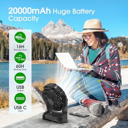 Portable Fan Rechargeable 20000mAh Cordless Battery Powered Camping Fan - Image 2