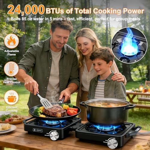 2-Burner Pro Camping Stove,24000 BTU Camp Stove,Foldable Propane Stove Includes Carry Bag,Windscreen Griddle, Portable Stove,Camping Essentials,Suitable For Outdoor Cooking (Black) - Image 4