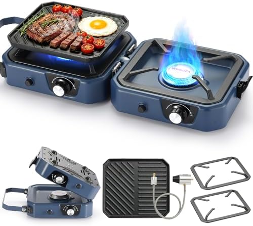 304 Stainless 2 Burner Propane Camping Stove with Griddle,Portable Floding Propane Camp Stoves with 24000BTU,Compatible with Grill Pan,Kettles & Cookware by WINKIZA
