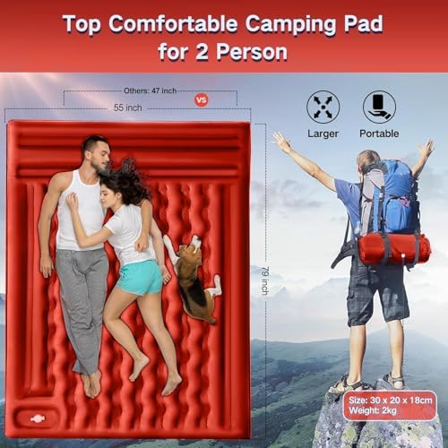 FNARMW Double Sleeping Pad Camping, Self Inflating 6'' Extra-Thick 2 Person Pillow Built-in Foot Pump Waterproof Inflatable Sleeping Mat Backpacking, Tent, Hiking, Portable Camping Pad (Orange-Black) - Image 3