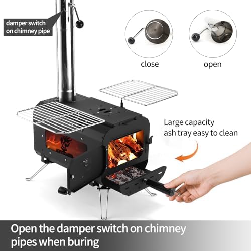 Tent Stove Portable Camping Stove Black Wood Burning Stove Tent Heater for Tents Shelter Heating Outdoor Camping, With Chimney Pipes and Carrying Bag - Image 4