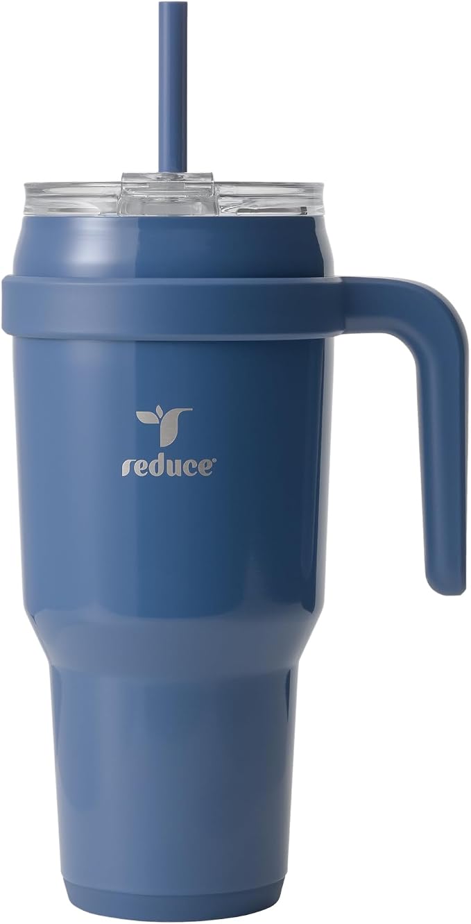 Reduce 40 oz Stainless Steel Tumbler with Handle - Dual-Wall Vacuum Insulated Travel Mug, Sweat-Proof Lid & Reusable Straw - Keeps Drinks Cold for 24 Hrs, Fits Cupholders, Dishwasher Safe-Mineral Blue by Reduce