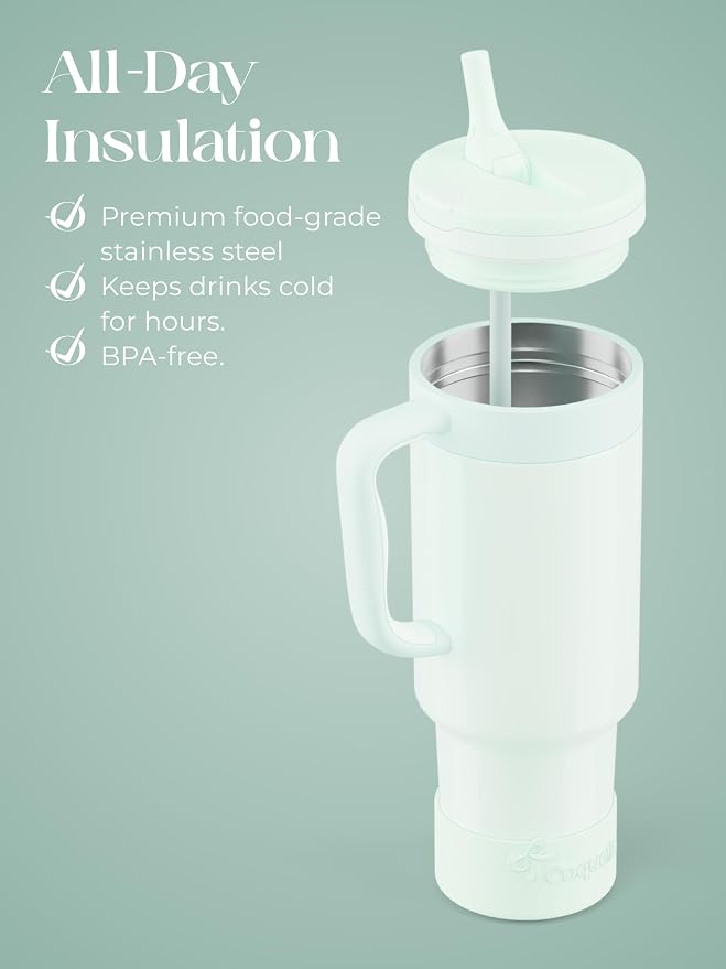 40 oz Insulated Tumbler with Handle and Push-Button Straw Lid, Stainless Steel Travel Cup for Gym Office, Leakproof, BPA-Free, Cup Holder Friendly, Bow Silicone Boot, Green (Morning Mist) - Image 4