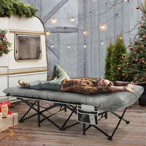 Fragess Portable Camping Cot, 32" Extra Wide Camping Cots for Adults with Thick Mattress, Heavy Duty Sleeping Cot Holds Up to 600LBS, Cots for Sleeping, Rv, Beach, Patio, Office Naps(Grey) - Image 2
