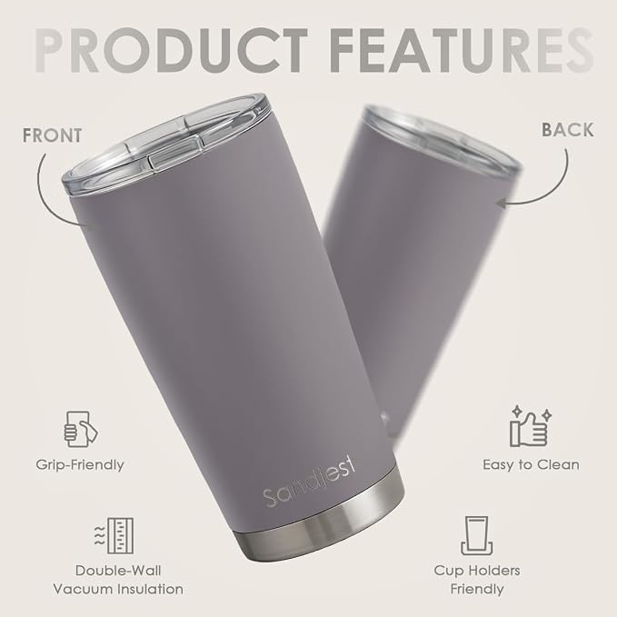 SANDJEST Gray Tumbler 20oz Stainless Steel Double Wall Vacuum Insulated, Travel Coffee Cup, Gifts for Men Women Birthday Christmas - Image 2