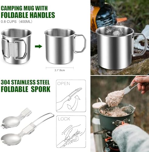 Odoland 8pcs Camping Cookware Mess Kit, Camping Pot and Pan Set with Mini Backpacking Stove, Stainless Steel Cup, Spork and Tank Bracket, Cooking Gear for Outdoor, Hiking, Picnic, Campfire - Image 6