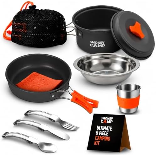 Smokey Camp Camping Cookware Mess Kit Set with Stove - Backpacking Camping Pots and Pans Set, All in One Non-Stick Camping Cooking Set, Portable Stove, Hiking, Picnic, Outdoor & Camping Cookware Set by SmokeyCamp