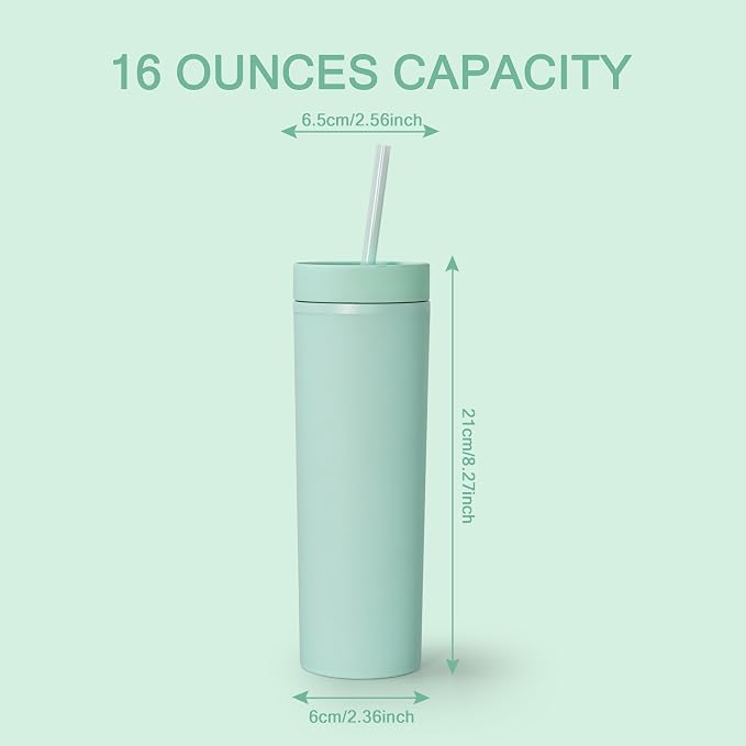 sweet grain Skinny Tumblers with Lids and Straws(6 Pack) - 16oz Matte Pastel Colored Skinny Acrylic Tumblers, Double Wall Plastic Tall Skinny Tumblers Bulk for Cold Hot Drinks - Mint Green - Image 6