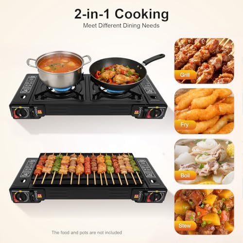 2-Burner Portable Camping Stove, Butane Camping Stove with Non-sticking Grill Tray, Outdoor Travel Camp Stove for Camping, BBQ, Home - Image 3