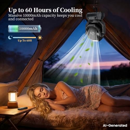 MKG Camping Fan Rechargeable, Oscillating Battery Powered Hanging Tent Fan with Light and Remote, Portable for Camp, Outdoor, Emergency Power Outage, Fishing, RV Travel (Black) - Image 3
