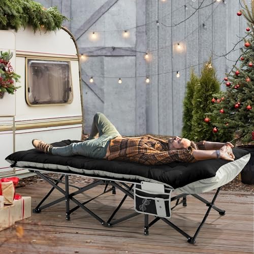 Fragess Portable Camping Cot, 32" Extra Wide Camping Cots for Adults with Thick Mattress, Heavy Duty Sleeping Cot Holds Up to 600LBS, Cots for Sleeping, Rv, Beach, Patio, Office Naps(Black) - Image 2