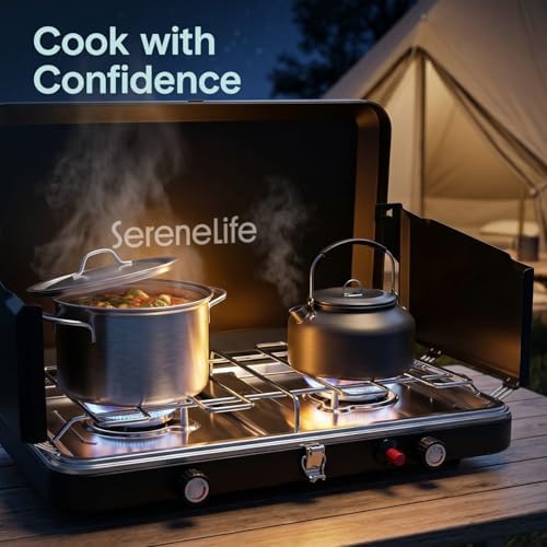 Camping Stove 2 Burner Propane Portable Camp Stove 24,400 BTU with Wind Guards Adjustable Burners Push Button Ignition Compact Outdoor Cooking for Camping Tailgating and Backyard - Image 3