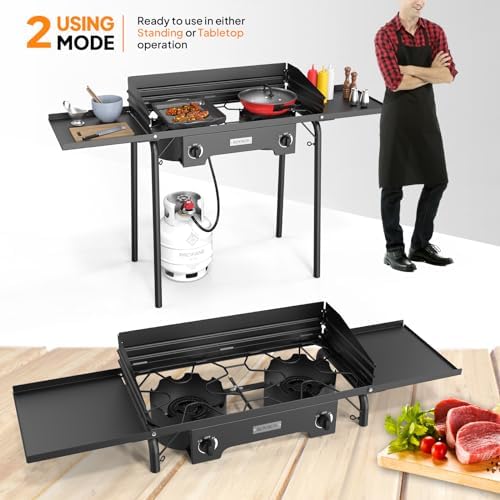 ROVSUN 2 Burner Outdoor Propane Gas Stove with Regulator, Windpanel, Bag & Side Shelves, 150,000 BTU Powerful Stand Cooker for Backyard Cooking Camping Home Brewing Canning Turkey Frying - Image 5