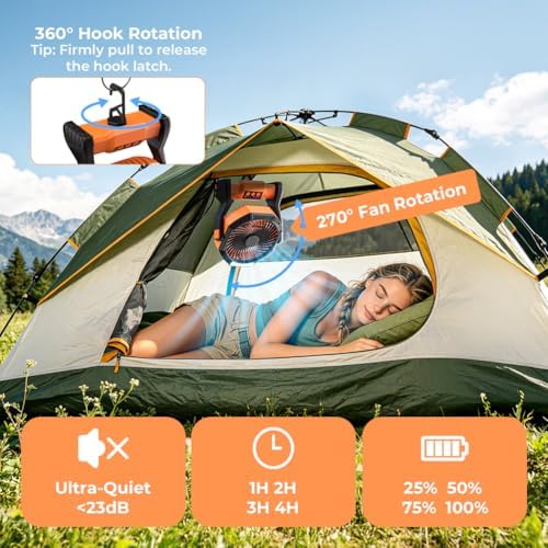 Portable Camping Fan with LED Light, 32Hrs Runtime, Hook & 270° Rotate - Image 2