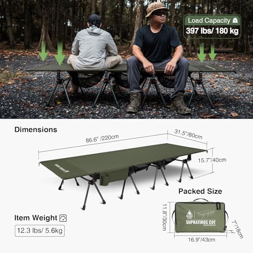 ONETIGRIS SUPRATIROS Extra Large Camping Cot, Height Adjustable Oversized Sleeping Cot with Extending Legs for Camping, Car Trips, Truck, Beach, Office Nap, Sturdy Supports Up to 400lbs (Ranger Green) - Image 7