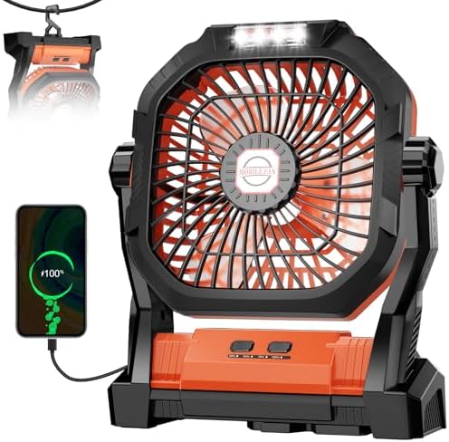 Camping Fan Rechargeable, 20000mAh Battery Powered Portable Fan with LED Light, 4-Speed 180° Adjustable, Camping Essentials for Tent, Travel, Car, Outdoor, Indoor, BBQ, Fishing, Jobsite - Orange - Image 2