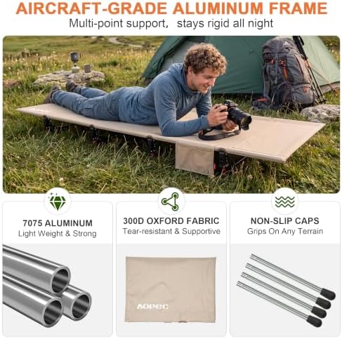 87" Extra Long Camping Cot, Heavy-Duty Aluminum Frame 440lbs, Khaki - Image 6