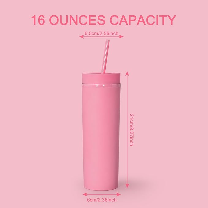 sweet grain Skinny Tumblers with Lids and Straws(6 Pack) - 16oz Matte Pastel Colored Skinny Acrylic Tumblers, Double Wall Plastic Tall Skinny Tumblers Bulk for Cold Hot Drinks - Pink - Image 6