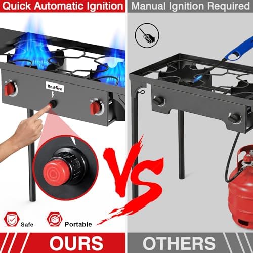 Bestfire 2 burner Camping Stove with Auto Ignition Button,Side Shelves & Regulator150,000 BTU High Pressure Gas Stove Propane Burner With Removable Legs for Outdoor BBQ&Backyard Cooking Camping Home - Image 3