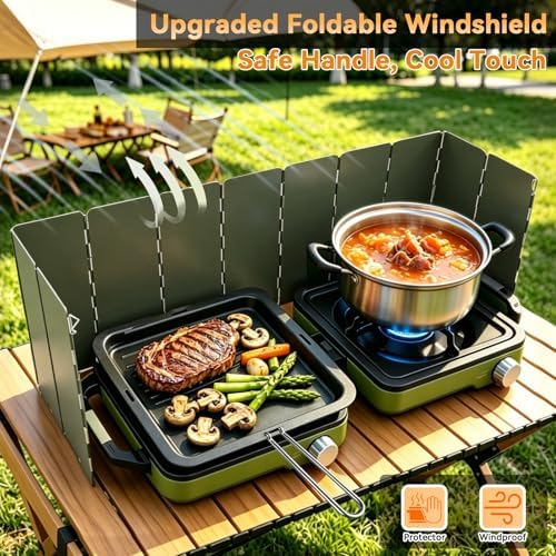 2 Burner Camping Stove with Windshield, 24000 BTU Propane Camp Stove, Portable Folding Camp Stove with Frying Pan, Coffee Stand & Carry Bag, Camping Essentials for Picnic, RV, Camp kitchen, Green - Image 4