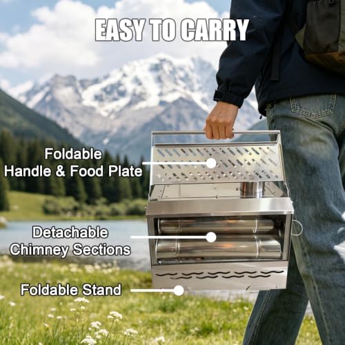 Camping Wood Burning Stove, Hot Tent Stove with Extra Baking Tray, Outdoor Stainless Steel Stove with 6 Chimney Pipes for Outdoor Camping, Cooking - Image 4