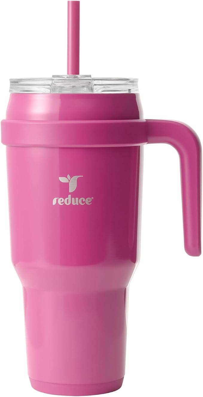 REDUCE 40 oz Stainless Steel Tumbler with Handle - Dual-Wall Vacuum Insulated Travel Mug, Sweat-Proof Lid & Reusable Straw - Keeps Drinks Cold for 24 Hrs, Fits Cupholders, Dishwasher Safe - Sangria by Reduce
