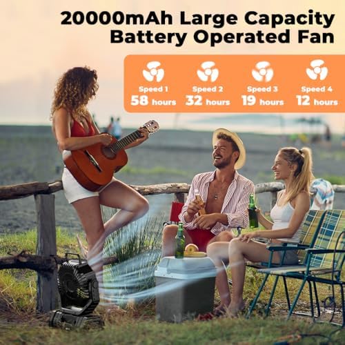 Camping Fan - 20000mAh Battery Powered Fan Rechargeable with LED Lantern - Portable Outdoor Tent Fans with Hanging Hook 4 Speeds Wind Remote Control, Black - Image 4