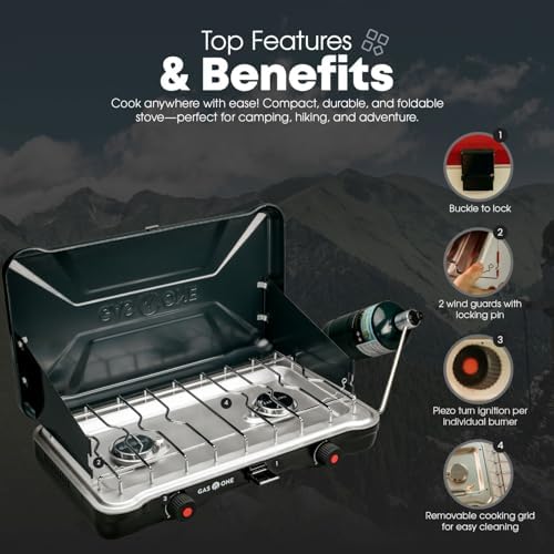 GasOne Portable Camping Stove – Double Propane Stove with Auto Twist Turn Ignition – 22,000 BTU Camping Cooktop with 2 Burners and Wind Guard – Ideal for Tailgating, Fishing, Travel - Image 3