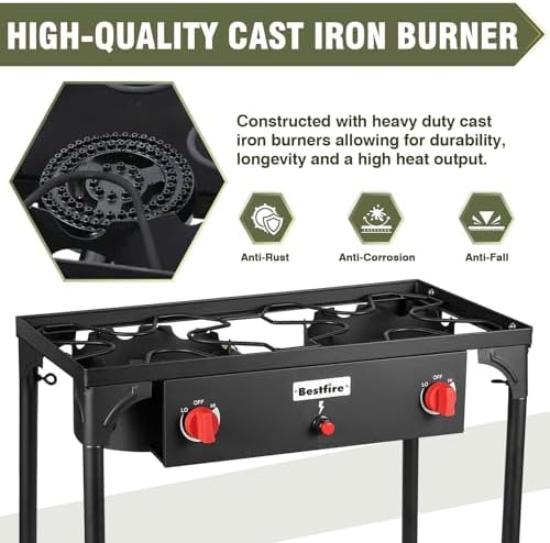 BESTFIRE 2 Burner Camping Stove,150,000 BTU High Pressure Outdoor Propane,4ft 20 PSI Adjustable Regulator Hose With Removable Legs for Backyard Cooking Camping Home - Image 6