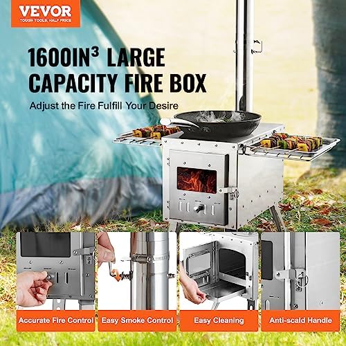 VEVOR Camping Wood Stove Stainless Steel Camping Tent Stove, Portable Wood Burning Stove with Chimney Pipes & Gloves, 1646in³Firebox Hot Tent Stove for Outdoor Cooking and Heating with 8 Pipes - Image 2