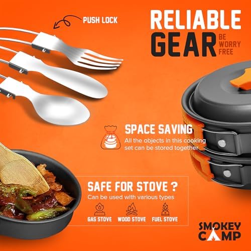 Smokey Camp Camping Cookware Mess Kit Set with Stove - Backpacking Camping Pots and Pans Set, All in One Non-Stick Camping Cooking Set, Portable Stove, Hiking, Picnic, Outdoor & Camping Cookware Set - Image 6