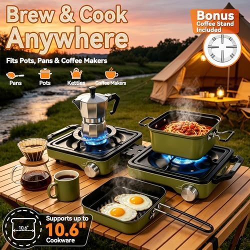 2 Burner Portable Propane Camping Stove Kit, 24000 BTU Foldable Hiking Stove with Frying Pan, Pot, Windshield & Carry Bag, Outdoor Cookware Camp Cooking Set for Tailgating, BBQ, Picnic, Green - Image 5