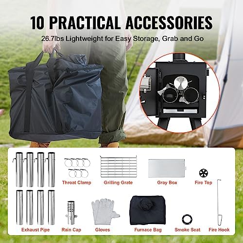 VEVOR Camping Wood Stove Alloy Steel Camping Tent Stove, Portable Wood Burning Stove with Chimney Pipes & Gloves, 1400in³Firebox Hot Tent Stove for Outdoor Cooking and Heating with 8 Pipes - Image 3