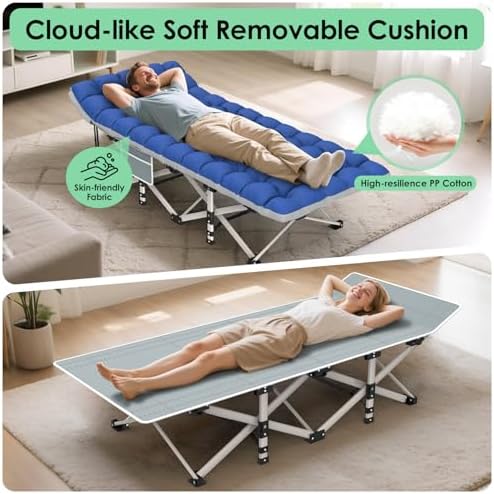 Suteck Camping Cot, Folding Camping Cot Bed for Adults Sleeping 1200D Double Layer Oxford Portable Folding Outdoor Cots for Camping W/Soft Pad Carry Bag for Home Office Nap Beach Travel, Stripe Blue - Image 3