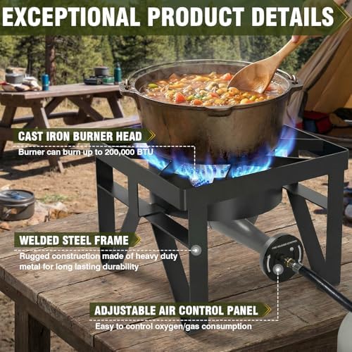 BESTFIRE 200,000 BTU Heavy-Duty Propane Burner – Outdoor Stove with 0-20Psi Adjustable Regulator & Black Hose – Ideal for Home Brewing, Turkey Frying, Camping & Backyard Cooking - Image 3