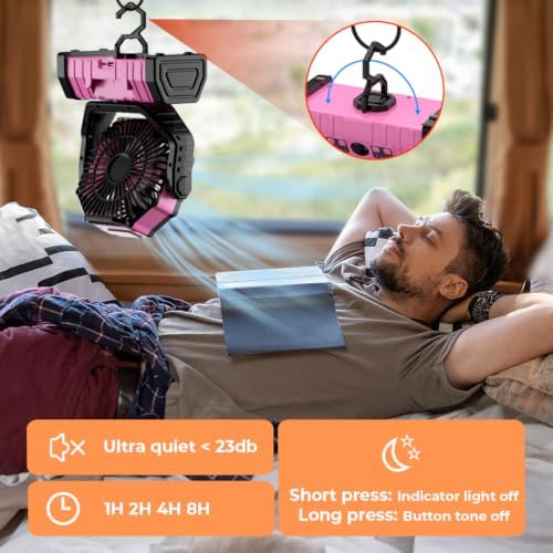 Camping Fan - 20000mAh Battery Powered Fan Rechargeable with LED Lantern - Portable Outdoor Tent Fans with Hanging Hook 4 Speeds Wind Remote Control, Pink - Image 4