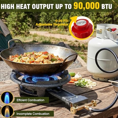 Bestfire 13" Single Propane Burner Stove, 90,000 BTU Cast Iron Portable Outdoor Burner, 0-20 PSI Adjustable Regulator & 4ft Hose, Ideal for Outdoor Wok Cooking - Image 4
