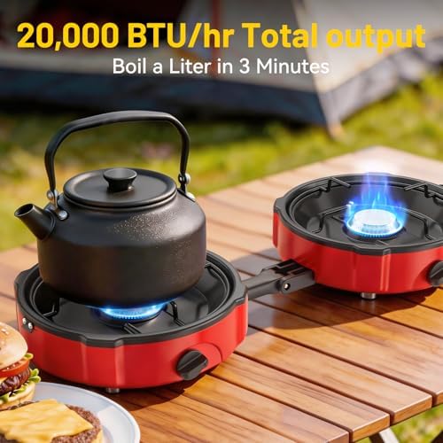 2 Burner Propane Camping Stove, 20000 BTU Foldable Portable Camp Stove with Piezo Ignition & Adjustable Burners, Outdoor Gas Cooker with Carry Bag for Camping, RV, Tailgating & Emergency Use - Image 3