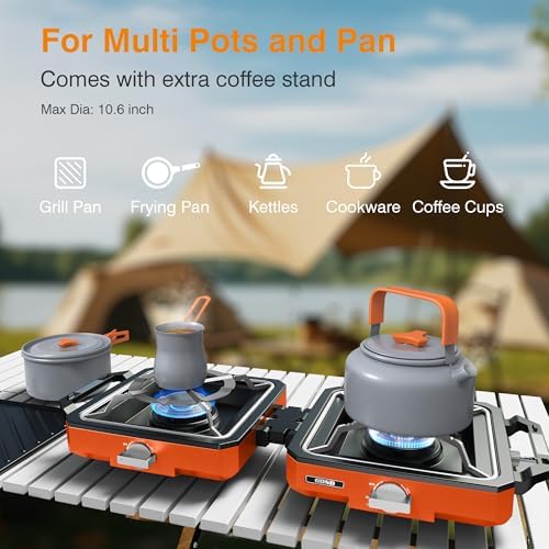 ODSD 2 Burner Camping Stove with Windshield, 20000 BTU Propane Camp Stove, Portable Folding Gas Stove, Camping Essentials Gears Includes Frying Pan, Coffee Stand & Carry Bag (Orange) - Image 5