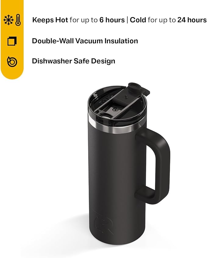 RTIC 20oz Road Trip Travel Mug with Lid and Handle, Ceramic Lined, Insulated, Stainless Steel, Metal, Double Wall Vacuum-Insulation, Portable Coffee, Tea Cup for Hot and Cold Drink, Black - Image 2