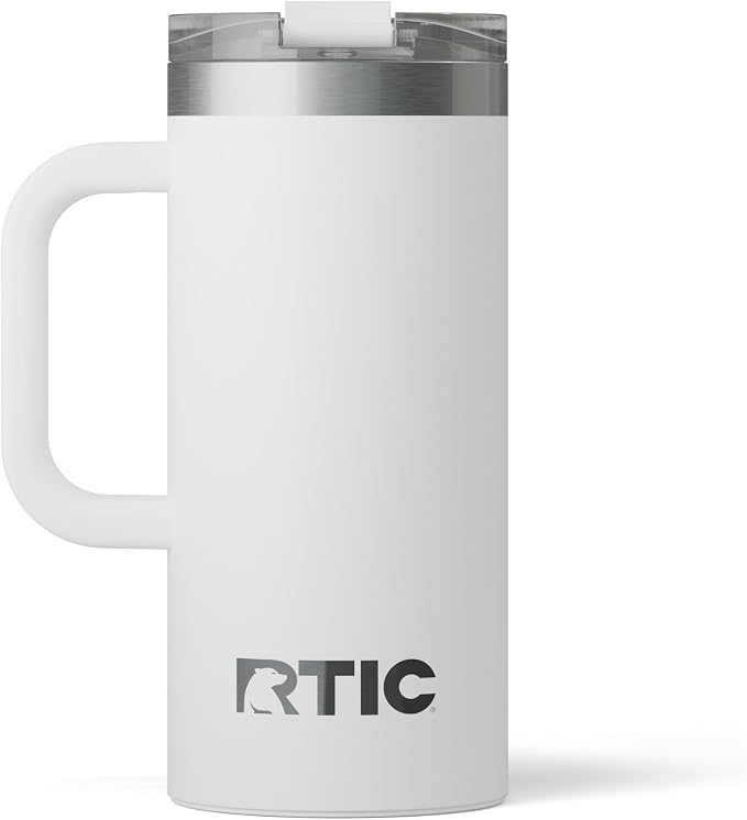RTIC 16oz Road Trip Travel Mug with Lid and Handle, Ceramic Lined, Insulated, Stainless Steel, Metal, Double Wall Vacuum-Insulation, Portable Coffee, Tea Cup for Hot and Cold Drink, White by RTIC