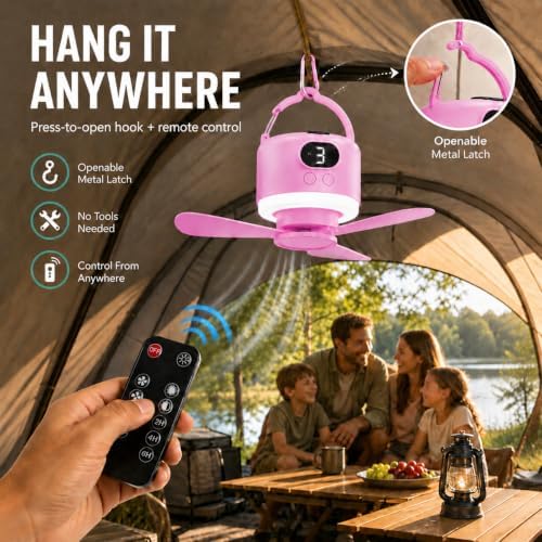 Camping Tent Fan with Light, Rechargeable Hanging Fan with Remote (Pink) - Image 6
