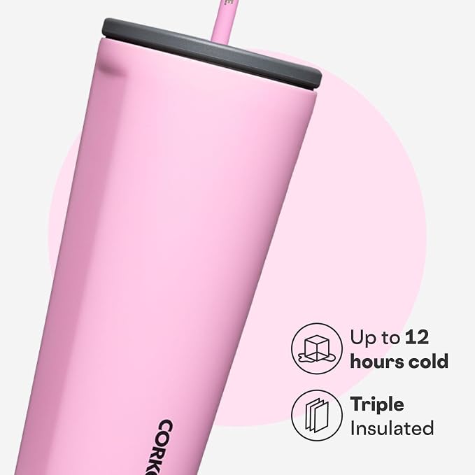 Corkcicle Cold Cup Insulated Tumbler with Straw - Keeps Drinks Cold for 12 Hours - Triple-Insulated Stainless Steel - Leak-Resistant Lid - Summer Drinkware Gift - 24 oz - Sun-Soaked Pink - Image 3