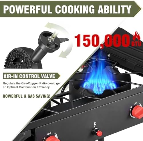 Bestfire 150,000 BTU 2 Burner Propane Camping Stove with Auto Ignition, Windpanel, Portable Outdoor Gas Cooker with Removable Legs, Side Shelves for Camping, BBQ - Image 3